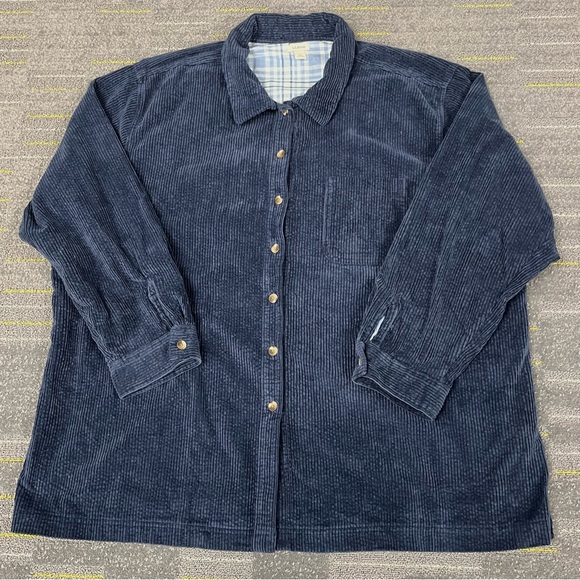 LL Bean Comfort Corduroy Shirt Jacket Womens 1X Blue Plaid Flannel Lined Ladies - Picture 1 of 12